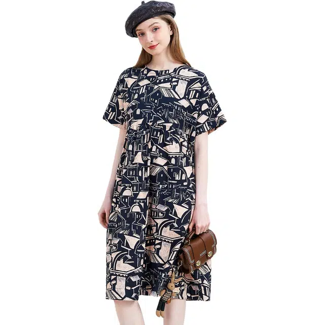 木果果木 复古通勤小众设计花色常规袖圆领基本款宽松腰短袖连衣裙 女款
