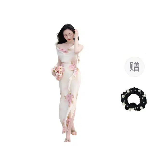 雾闪闪 玉夏冰瑰温柔纯欲斜裁荡领修身性感显瘦无袖连衣裙 女款