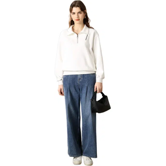 粉红玛琍 翻领简约舒适休闲卫衣 女款 白色