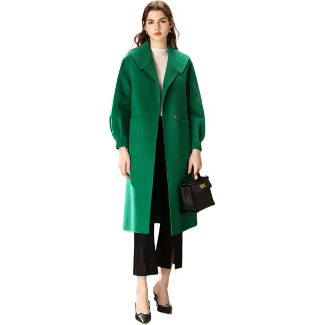 粉红玛琍 纯色时尚西装领通勤长袖大衣 女款 绿色