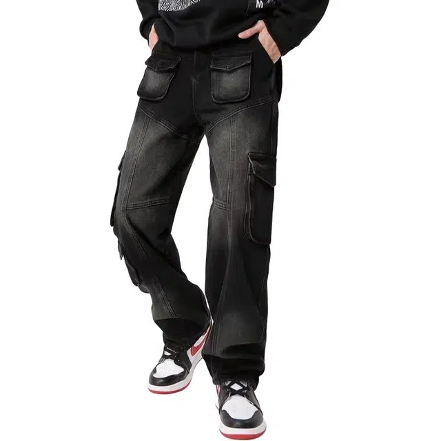 极限涡轮 美式复古水洗多口袋宽松直筒高街牛仔裤 男女同款 黑色