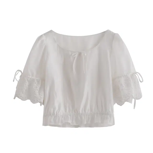 花栗鼠小姐 只此棠梨 法式白月光蝴蝶结系带蕾丝镂空泡泡袖上衣纯色简约温柔优雅气质高级感日常通勤百搭宽松舒适俏皮甜美衬衫 女款