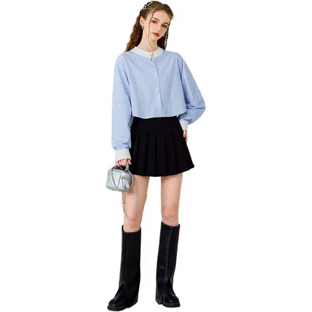 法文箱子 休闲百搭条纹圆领宽松长袖衬衫 女款 蓝白条