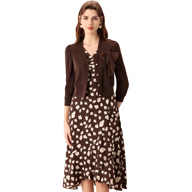 粉红玛琍 纯色长袖针织衫开衫印花吊带连衣裙裙装套装 女款 摩卡棕