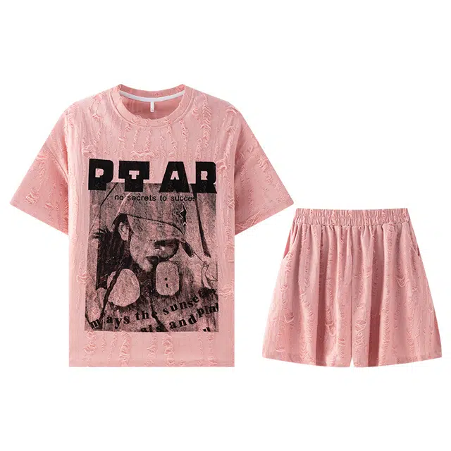 向薇 女夏季大码宽松简约甜美少女感短袖短裤可外穿家居服睡衣套装 女款