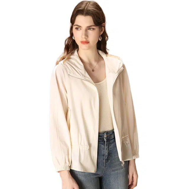 粉红玛琍 纯色宽松短款舒适长袖夹克外套 女款 米白