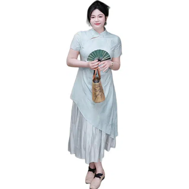 哒头下雨不愁 改良显瘦拼色常规立领短袖连衣裙 女款 龙井奶绿