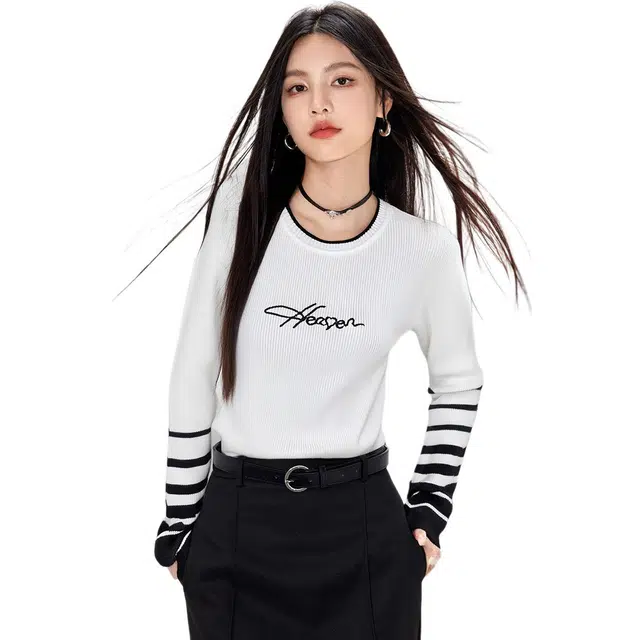 爱依莲 撞色拼接打底拼色内搭洋气圆领上衣长袖针织衫 女款