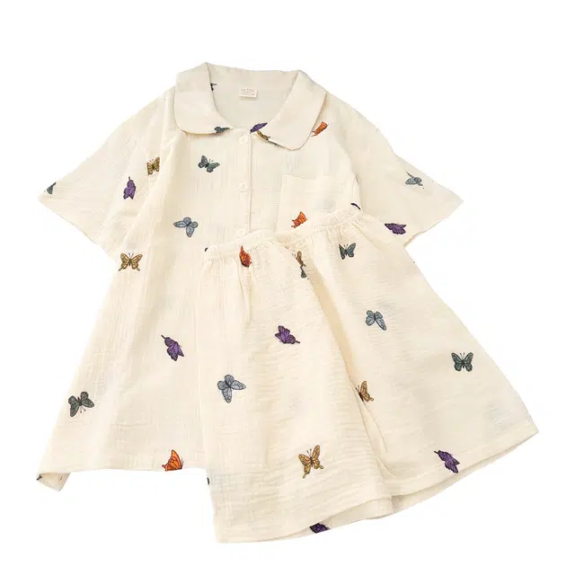 俏韵 翻领夏季甜美可爱蝴蝶短袖短裤夏天休闲舒适薄款家居服可外穿睡衣套装 女款