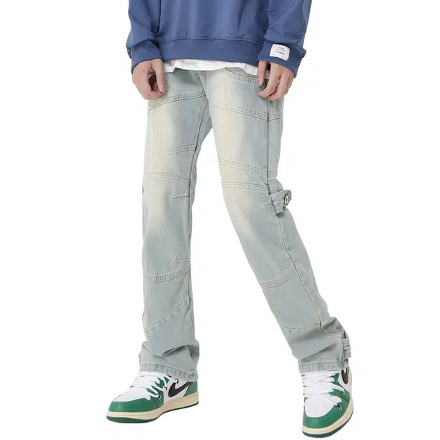 极限涡轮 美式高街做旧水洗直筒牛仔裤 男女同款 蓝色