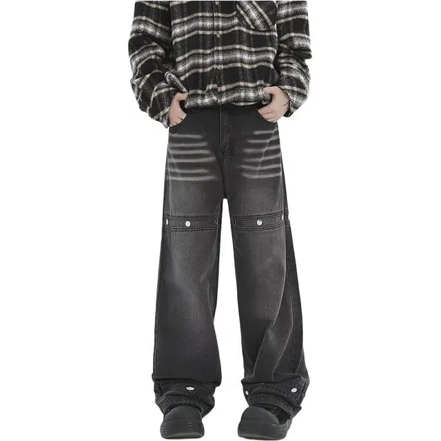 极限涡轮 美式复古铆钉设计水洗做旧宽松时尚休闲百搭牛仔裤 男女同款 黑色