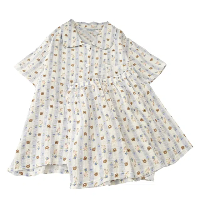 俏韵 翻领卡通条纹小熊夏季甜美格子可爱短袖短裤夏天休闲舒适薄款家居服可外穿睡衣套装 女款