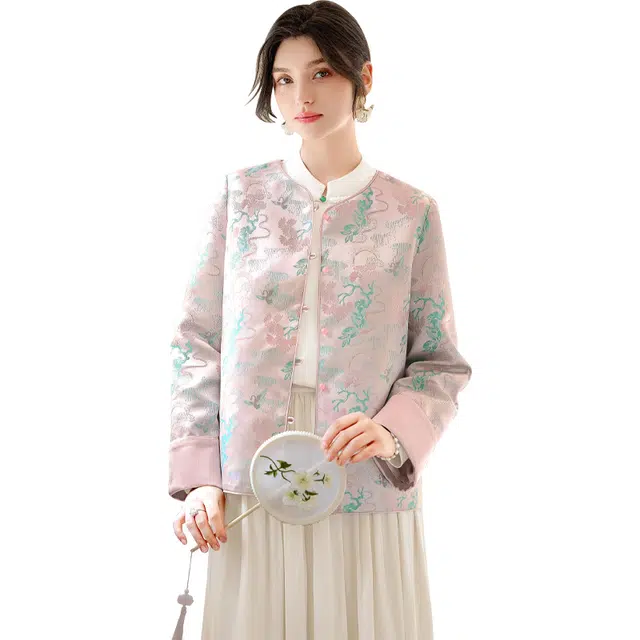 她池 新中式国风提花甜美宽松舒适截短外套 女款 粉色