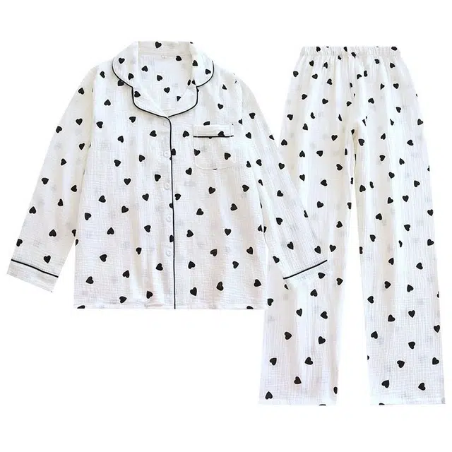 顶瓜瓜 爱心图案满印简约舒适翻领可外穿家居服睡衣套装 女款