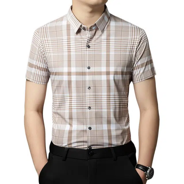 老爷车 无痕格子弹力亲肤舒适百搭短袖衬衫 男款