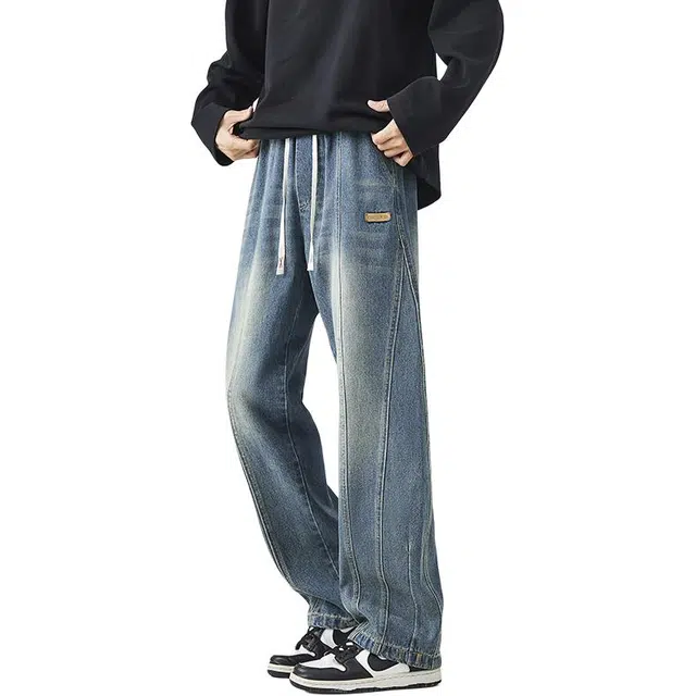 么宁 美式高街复古水洗拼接宽松直筒设计感简约百搭潮流时尚舒适透气个性痞帅休闲牛仔裤 男女同款