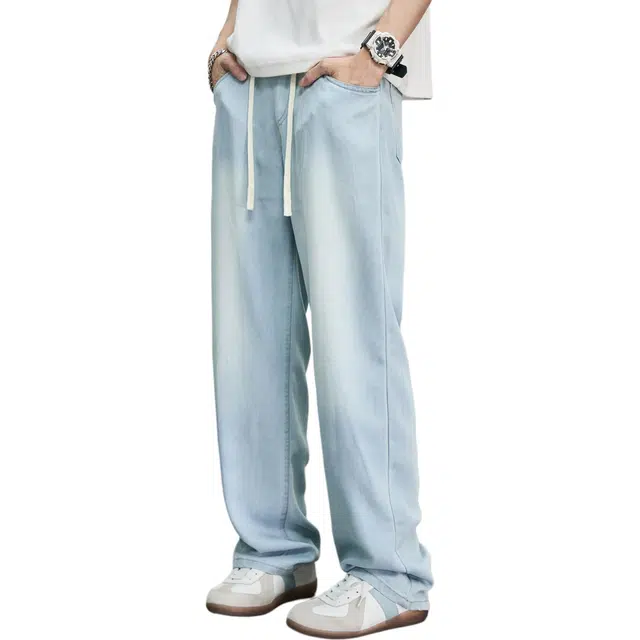 隐狼世家 天丝男夏季薄款裤子美式潮牌水洗浅色宽松直筒长裤牛仔裤 男款