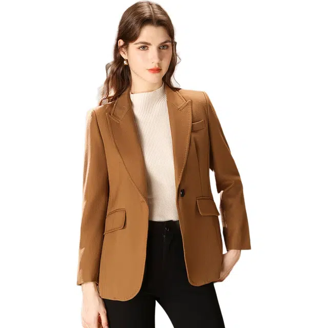 粉红玛琍 纯色简约通勤休闲一粒扣西装 女款 驼色