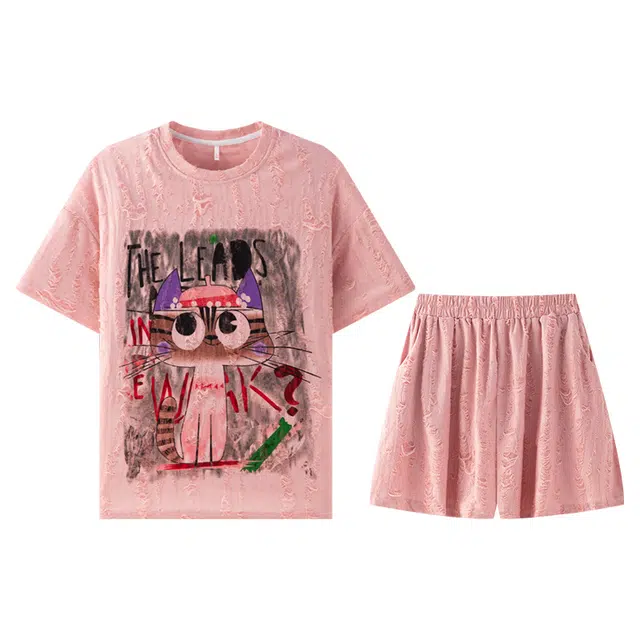 向薇 休闲女夏季舒适薄款可外穿短袖宽松减龄卡通高级感家居服睡衣套装 女款