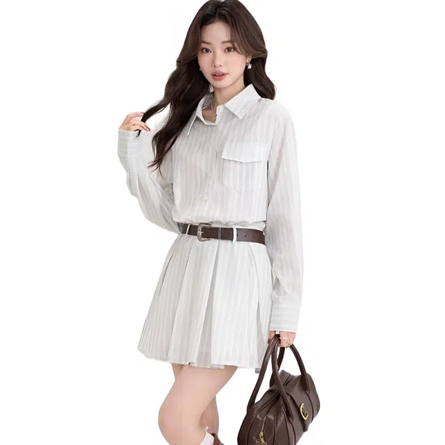 苏九儿 法式小个子条纹衬衫高级感气质显瘦长袖连衣裙 女款