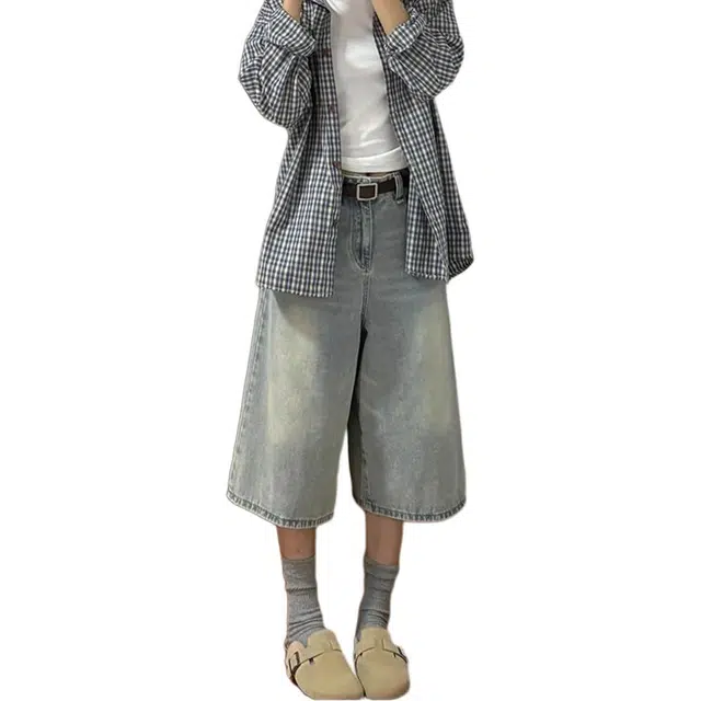 么宁 美式复古磨白五分短裤高腰七分中裤直筒阔腿裤牛仔裤 女款