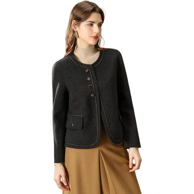 粉红玛琍 气质通勤双面毛呢简约长袖截短外套 女款 黑灰