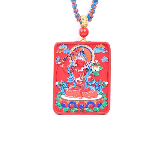 梵澜 彩绘浮雕唐卡无事牌吊坠挂件 生肖兔文殊尊者本命年守护神项坠锁骨链首饰 再造辰砂朱砂 玉石项链 男女同款情侣款 礼盒装
