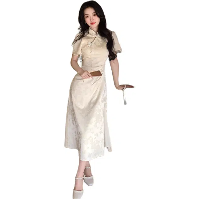 桴生 新中式春夏改良斜襟高开衩提花减龄纯色公主袖短袖圆领甜美中腰连衣裙旗袍 女款