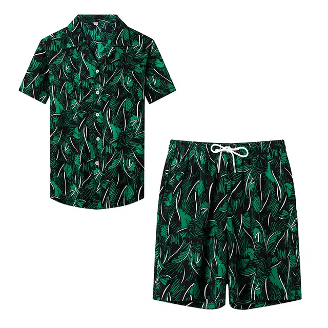 太子龍 奢侈品牌休闲短袖运动套装男夏季度假薄款凉爽桑蚕丝两件套衬衫 男款