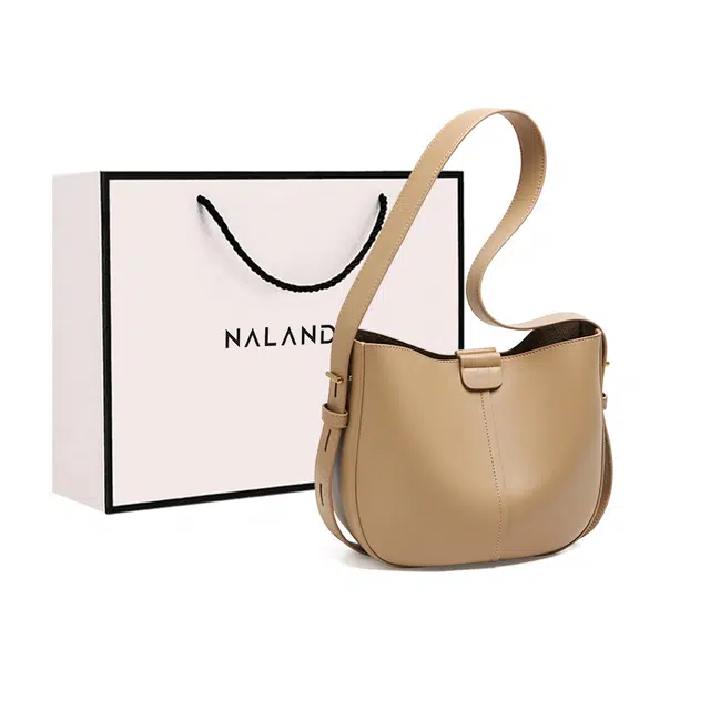 纳兰杜 高级感气质简约 牛皮拼合成革 单肩包 中号 女款 杏色