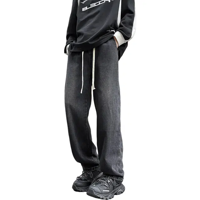 八哥 美式高街水洗做旧基础款弯刀裤复古弹力松紧系带垂感百搭时尚高级感运动舒适柔软不硬个性简约牛仔裤 男女同款