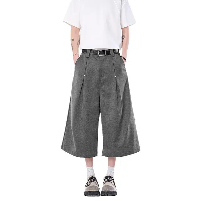 佐菲利 美式褶皱设计感西裤小众高街痞帅纯色廓形垂感显瘦七分裤休闲短裤 男款