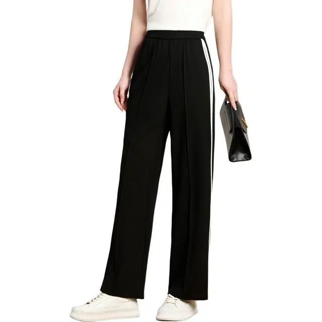 粉红玛琍 高腰撞色松紧直筒休闲裤 女款 黑色