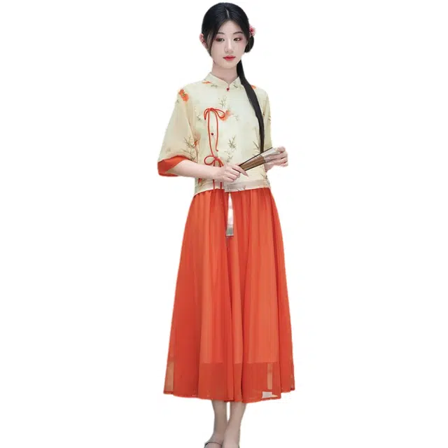 丝絮丝绸 新中式国风万柿如意七分袖改良上衣文艺半身裙两件套裙装套装 女款