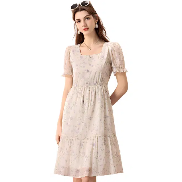 粉红玛琍 碎花方领荷叶边短袖连衣裙 女款 紫花