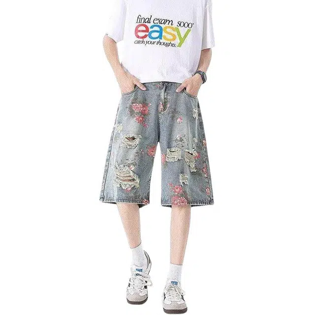 加荣 美式高街花卉破洞裤透气青少年日常通勤百搭男裤小众设计感宽松五分裤拉链牛仔短裤 男女同款