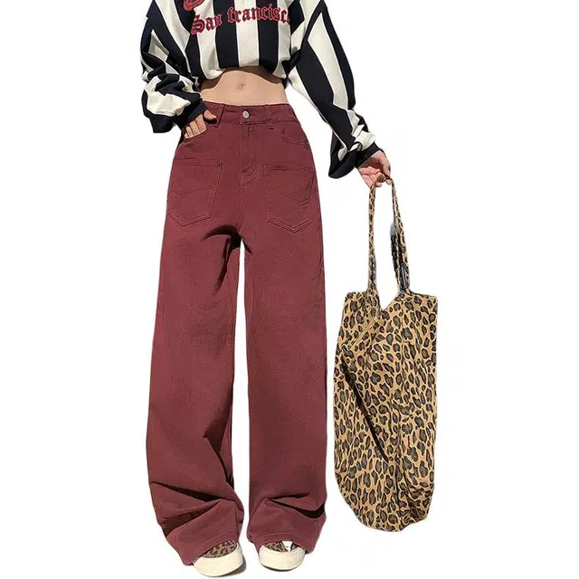 玫丝朵 复古纯色宽松阔腿牛仔裤 女款 安可拉红