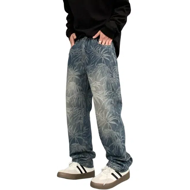 帝狼牛 美式复古植物树叶印花高级感长裤时尚潮牌宽松中腰直筒垂感水洗做旧通勤休闲百搭牛仔裤 男女同款