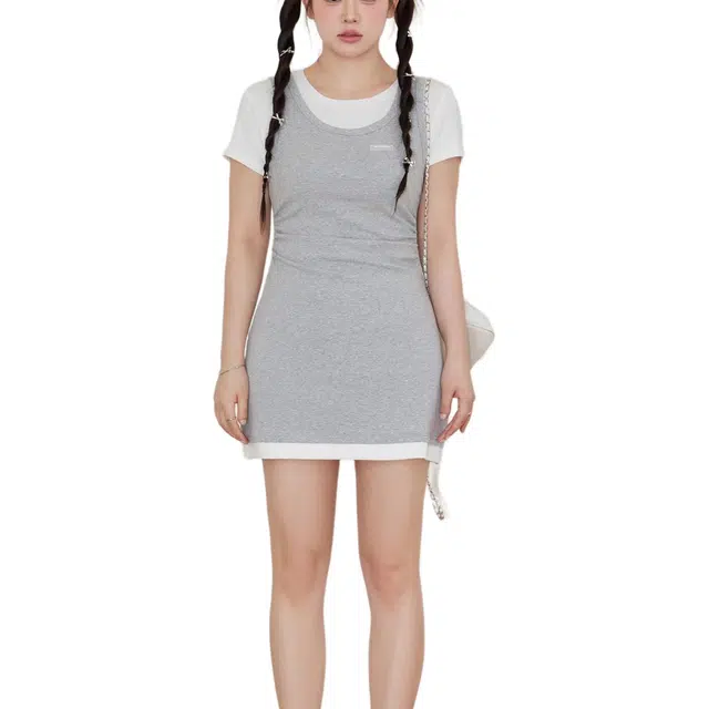 小卷要加油 假两件拼接夏季年轻辣妹收腰设计显瘦短裙短袖连衣裙 女款