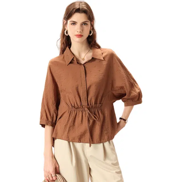 粉红玛琍 翻领纯色简约长袖衬衫 女款 咖色