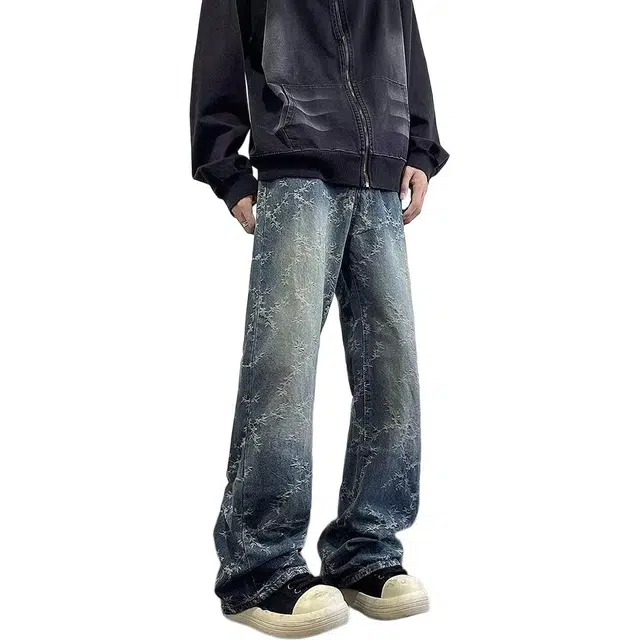 沃马 美式高街水洗做旧舒适亲肤透气牛仔裤 男女同款 蓝色