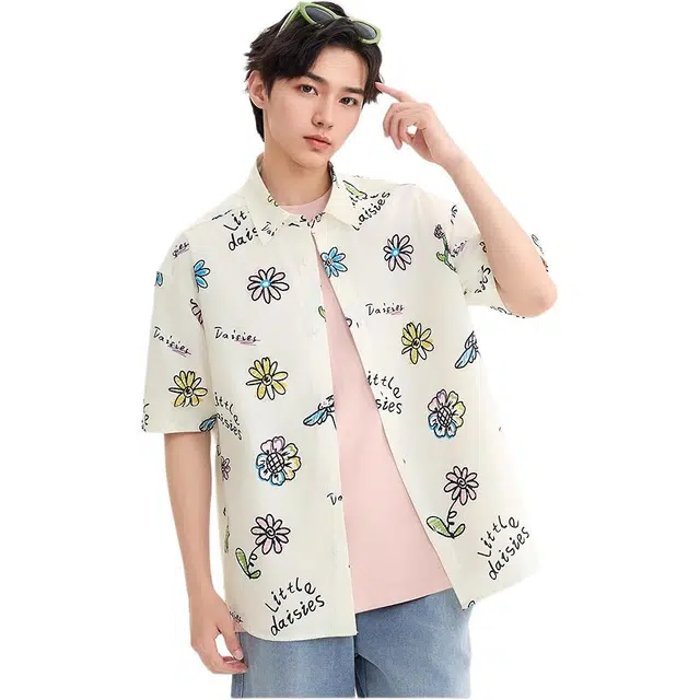 三福 短袖夏季男士满版花图案衬衫 男款