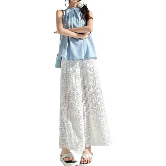 水中花 设计感高腰垂感宽松蕾丝拼接镂空舒适日常休闲裤 女款