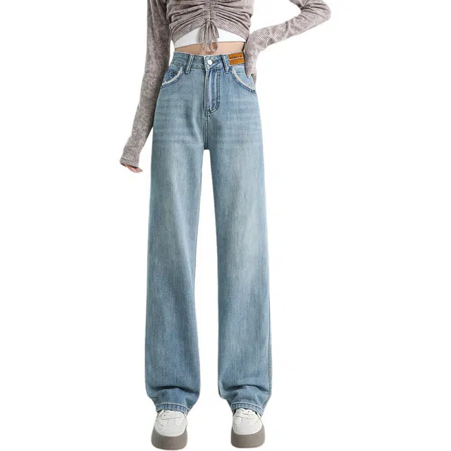 惟熙 水洗高腰窄版阔腿宽松小个子拖地牛仔裤 女款 浅蓝色