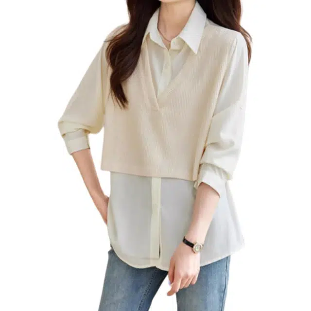 曲韩 简约舒适翻领假两件长袖衬衫 女款