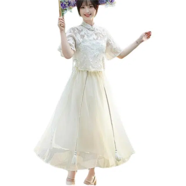 丝絮丝绸 新中式民国仙气复古文艺风旗袍短袖两件套裙装套装 女款