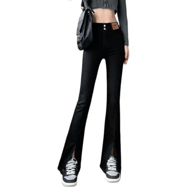 棉购 开叉设计微喇弹力高腰长裤牛仔裤 女款