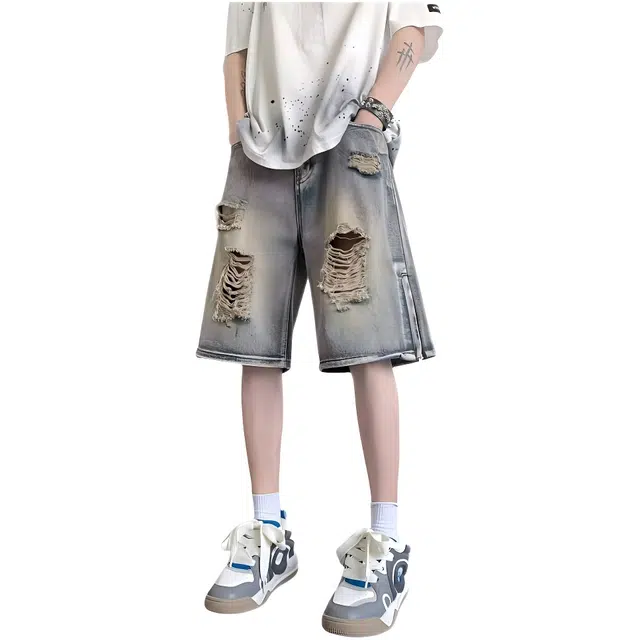 木木兔 夏季美式嘻哈破洞复古潮牌欧美风百搭小众时尚高级感五分裤牛仔短裤 男款
