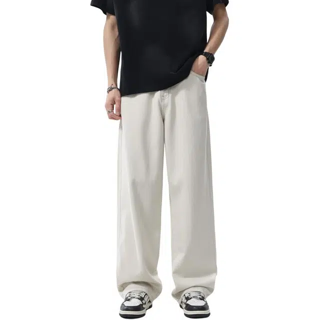 吉肯蒂 宽松休闲百搭高街潮牌轻奢纯色简约直筒牛仔裤 男款