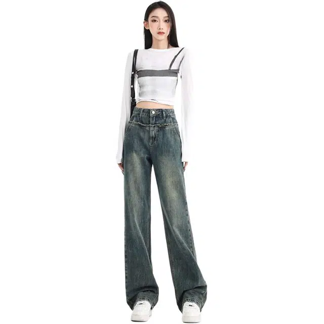 么宁 高腰双扣柔软直筒拖地阔腿裤腰部设计小众牛仔裤 女款